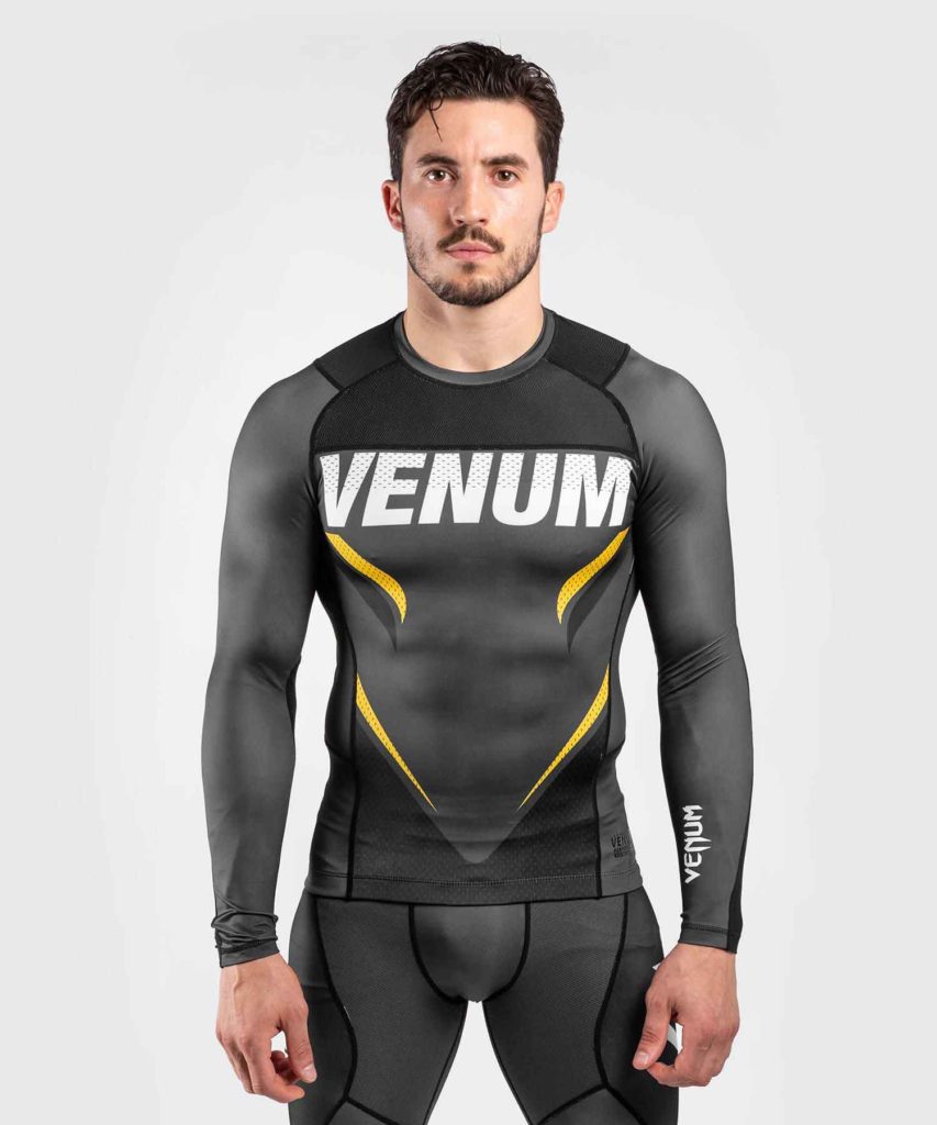 VENUM/ヴェナム VENUM×ONE FC IMPACT RASHGUARD LONG SLEEVES／VENUM×ONE FC インパクト ラッシュガード ロングスリーブ（グレー／黒／イエロー）