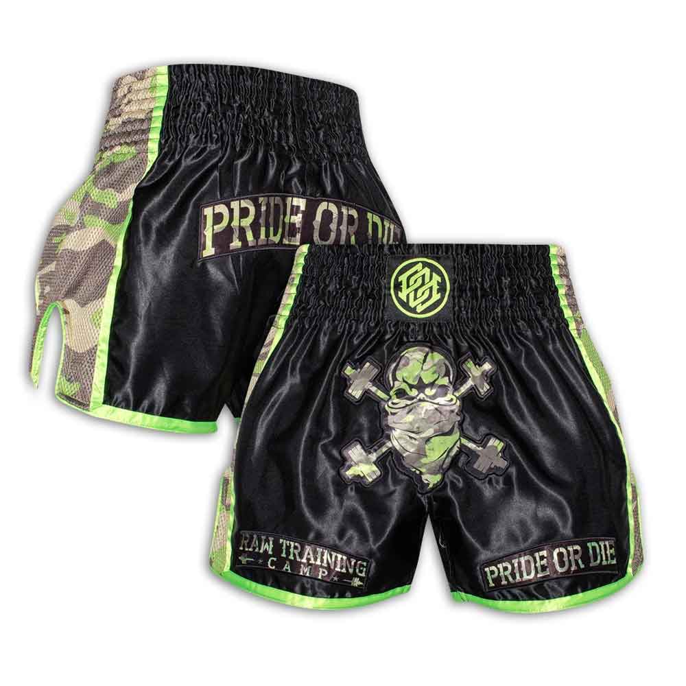 PRIDE OR DIE(PRiDEorDiE)／プライド オア ダイ　ムエタイショーツ　　RAW TRAINING CAMP Muay Thai Shorts Jungle Camo／ロウ トレーニングキャンプ ムエタイショーツ（ジャングルカモ）