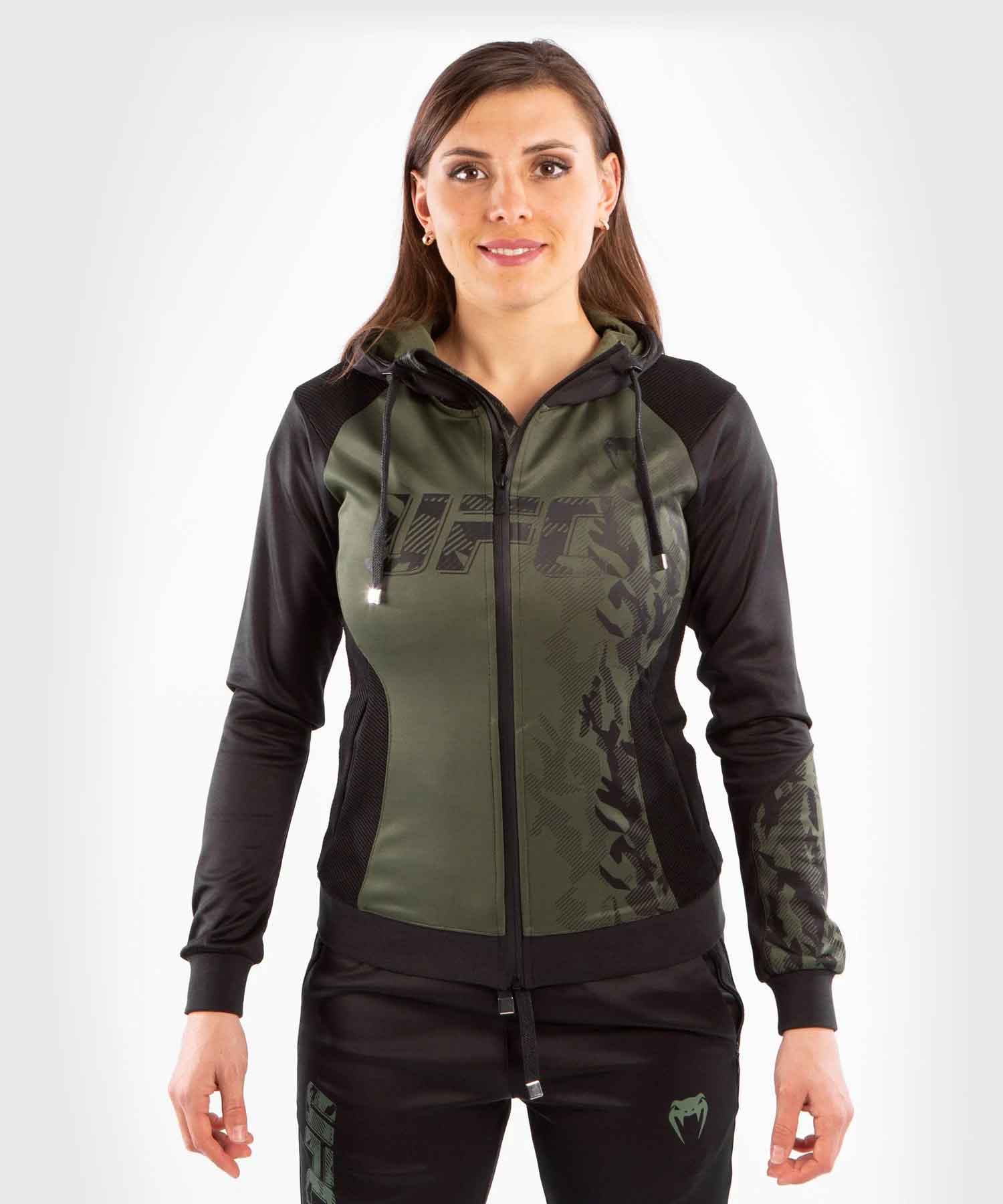 VENUM WOMEN／レディース　パーカー　　UFC VENUM AUTHENTIC FIGHT WEEK WOMEN'S ZIP HOODIE／UFC VENUM オーセンティック ファイトウィーク レディース ジップ フーディー（パーカー）カーキ／黒