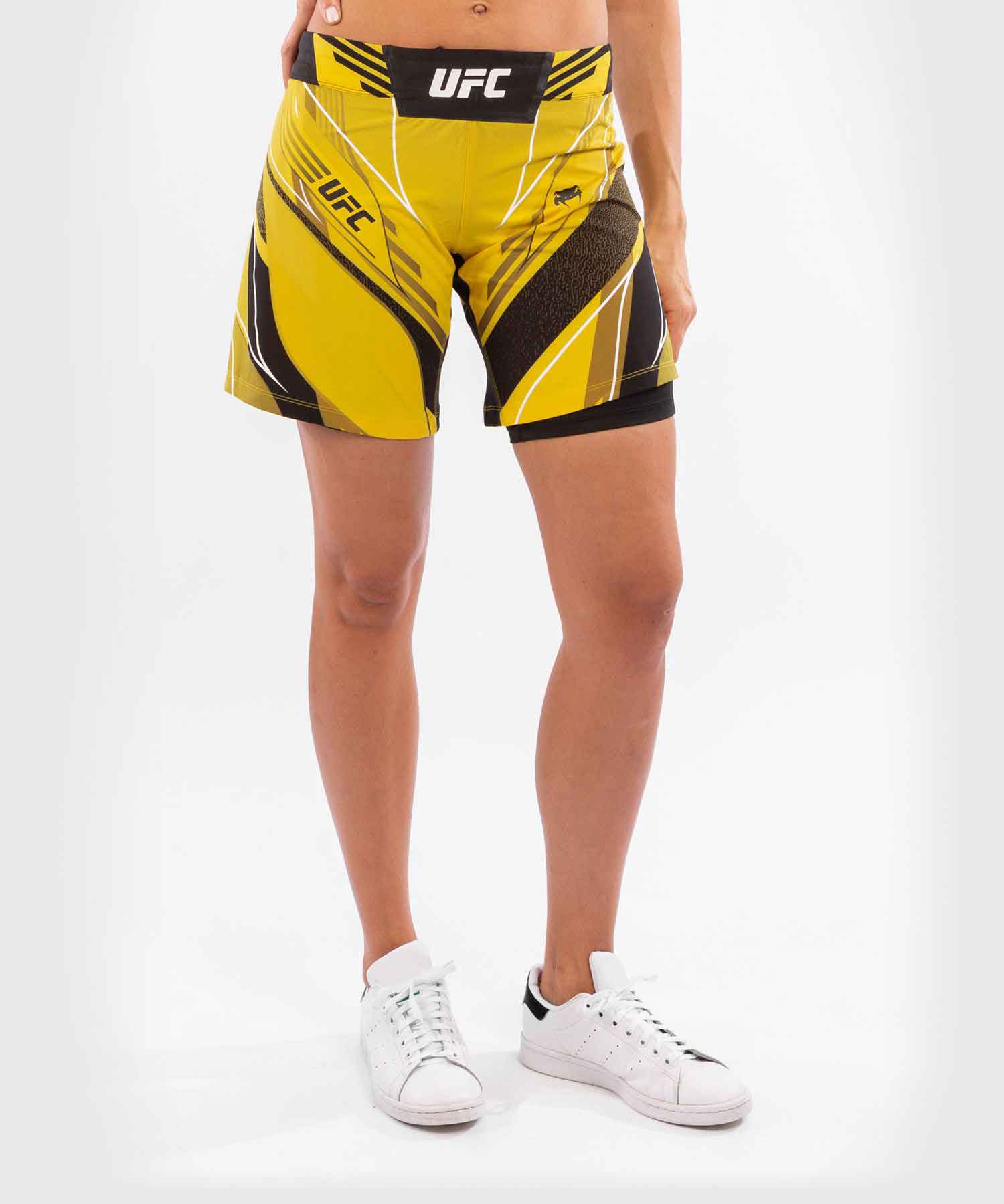 VENUM WOMEN／レディース　ファイトショーツ　　UFC VENUM AUTHENTIC FIGHT NIGHT WOMEN'S SHORTS LONG FIT／UFC VENUM オーセンティック ファイトナイト レディース ショーツ ロングフィット（イエロー／黒）