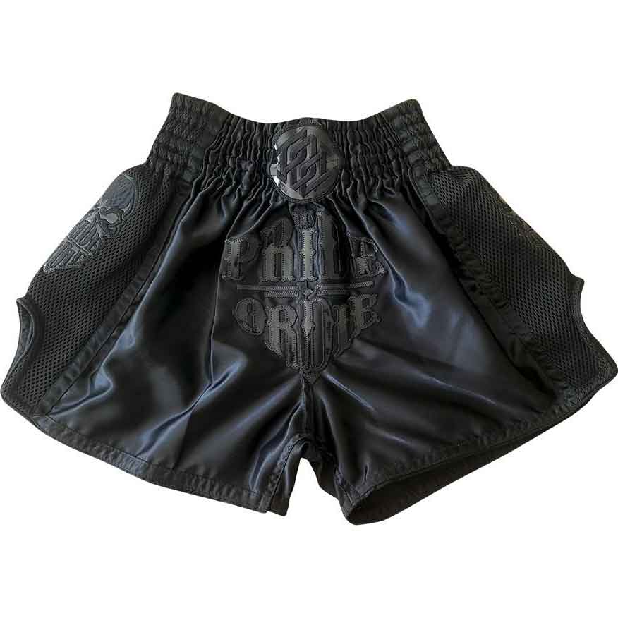 PRIDE OR DIE(PRiDEorDiE)／プライド オア ダイ　ムエタイショーツ　　RECKLESS Muay Thai shorts Full Black／レックレス ムエタイショーツ フルブラック